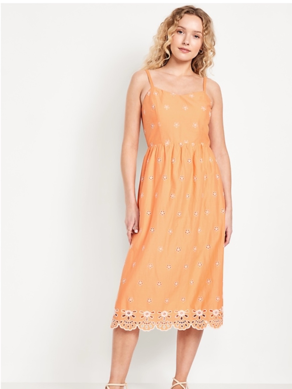 Old Navy Women's Orange Eyelet Midi Sundress with White Embroidery